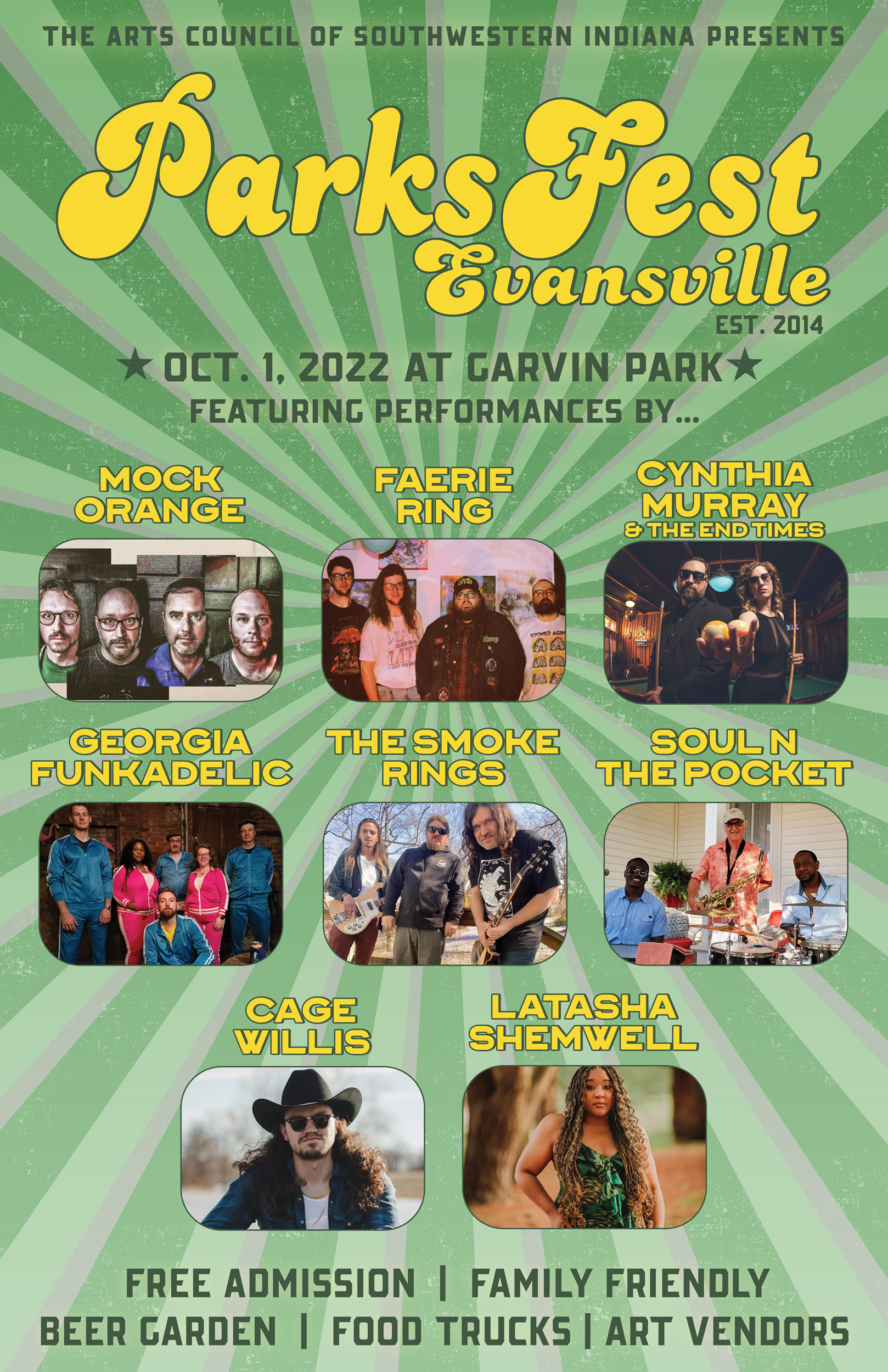 ParksFest 2022 lineup poster featuring Mock Orange, Faerie Ring, Cynthia Murray & The End Times, Georgia Funkadelic, The Smoke Rings, Soul N The Pocket, Cage Willis and LaTash Shemwell. The event features free admission, kids activities, art vendors, food trucks, and a beer garden.